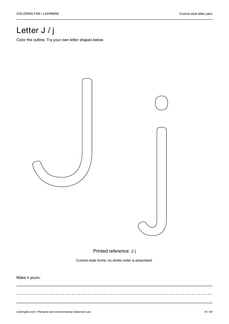 Actual cursive letter J A4 PDF preview: large outlined letter shapes and three writing guides.