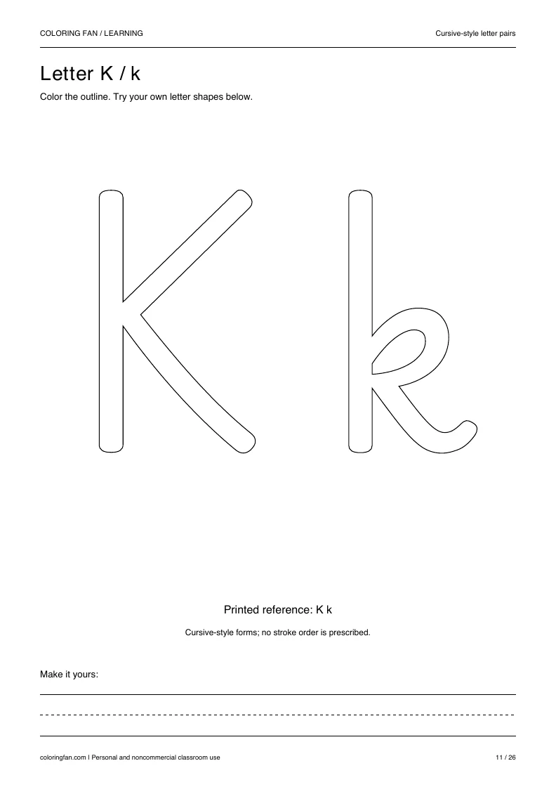 Actual cursive letter K A4 PDF preview: large outlined letter shapes and three writing guides.