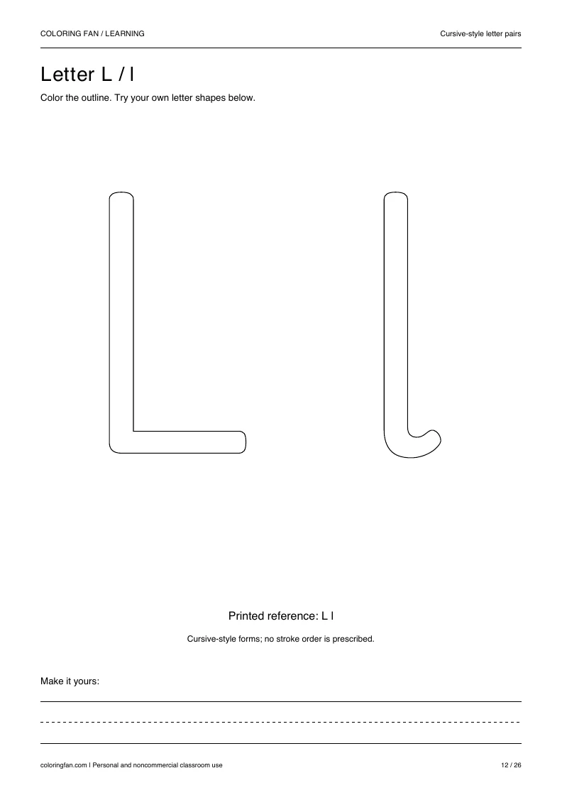 Actual cursive letter L A4 PDF preview: large outlined letter shapes and three writing guides.
