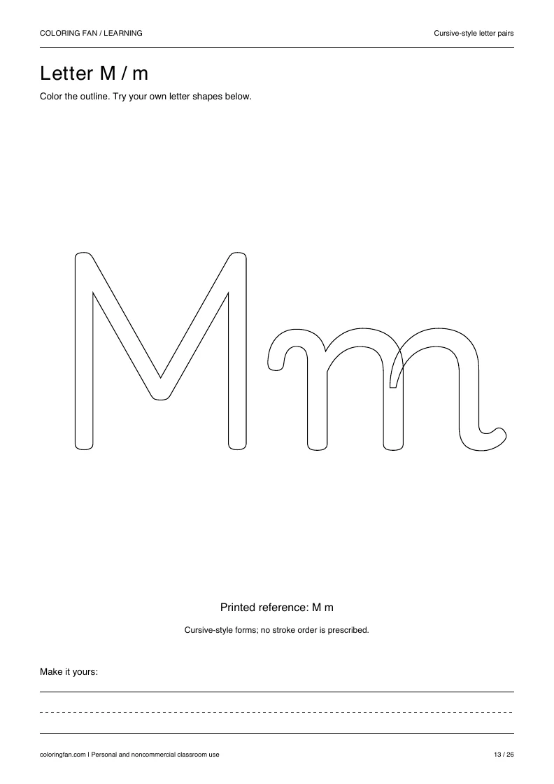 Actual cursive letter M A4 PDF preview: large outlined letter shapes and three writing guides.