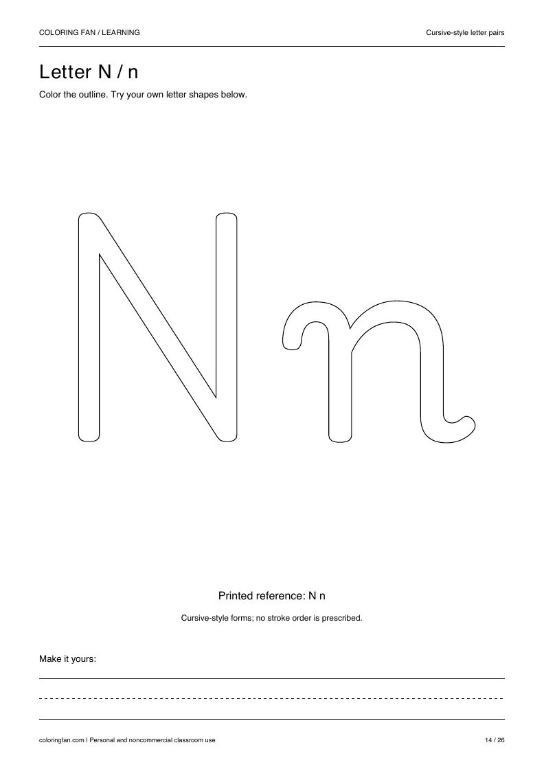 Actual cursive letter N A4 PDF preview: large outlined letter shapes and three writing guides.