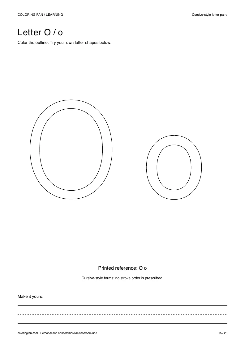 Actual cursive letter O A4 PDF preview: large outlined letter shapes and three writing guides.
