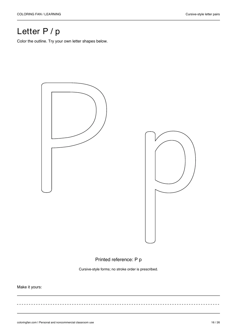 Actual cursive letter P A4 PDF preview: large outlined letter shapes and three writing guides.
