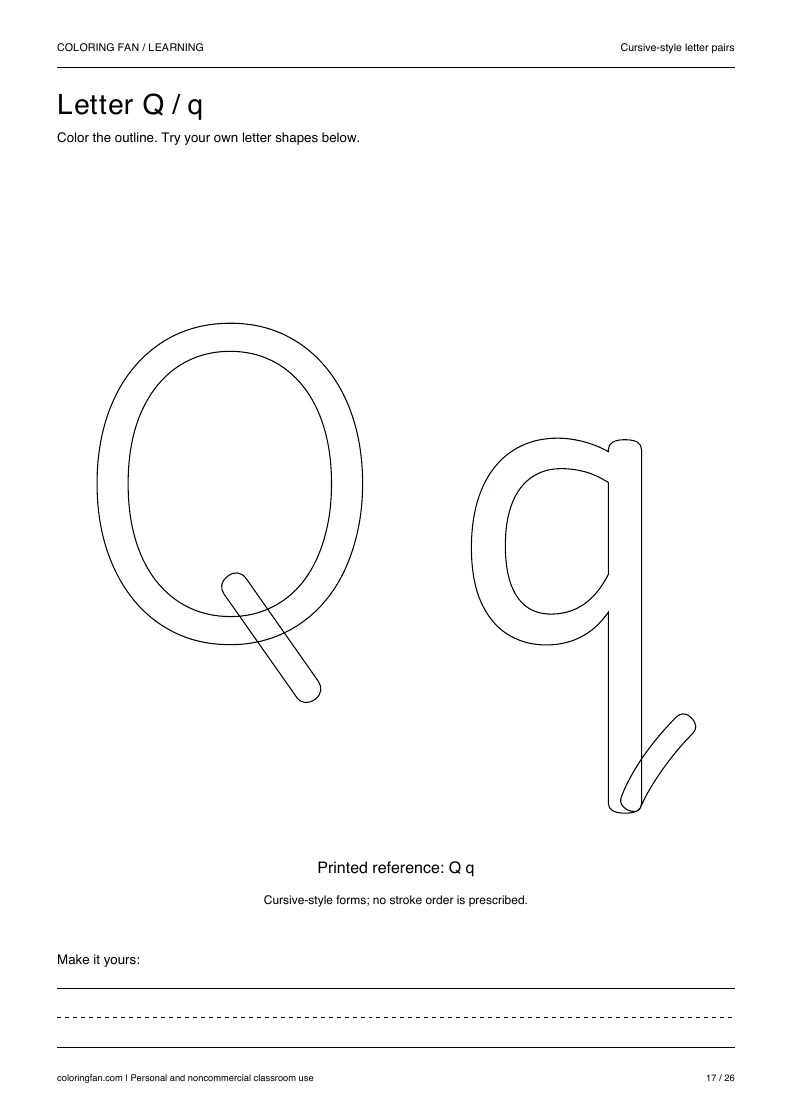 Actual cursive letter Q A4 PDF preview: large outlined letter shapes and three writing guides.