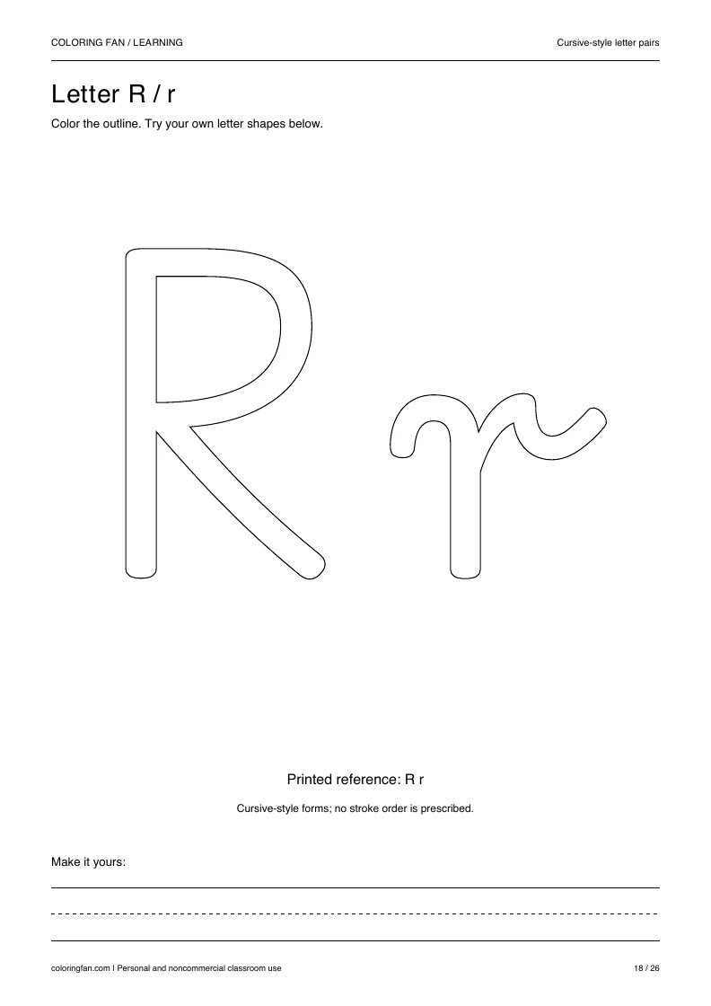Actual cursive letter R A4 PDF preview: large outlined letter shapes and three writing guides.