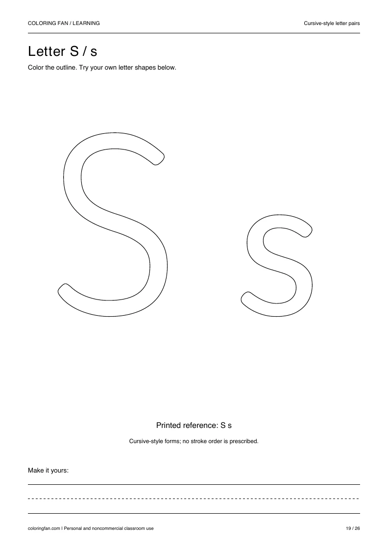 Actual cursive letter S A4 PDF preview: large outlined letter shapes and three writing guides.