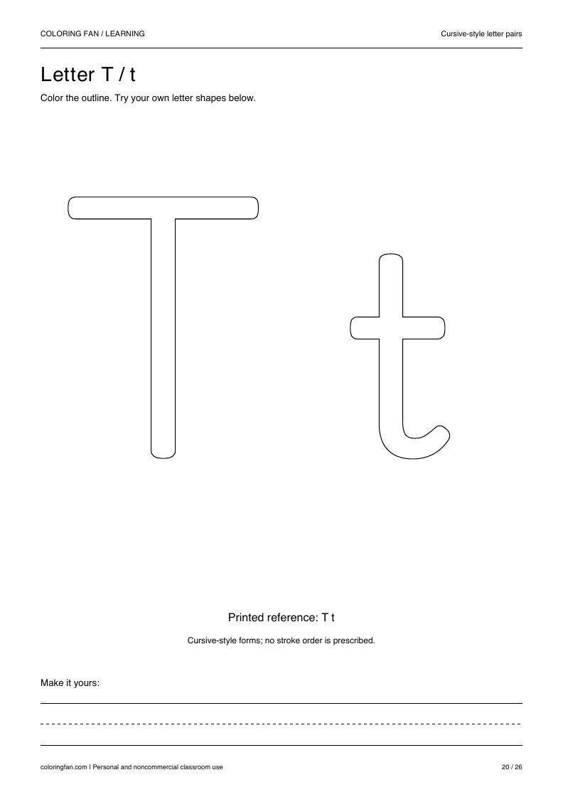 Actual cursive letter T A4 PDF preview: large outlined letter shapes and three writing guides.