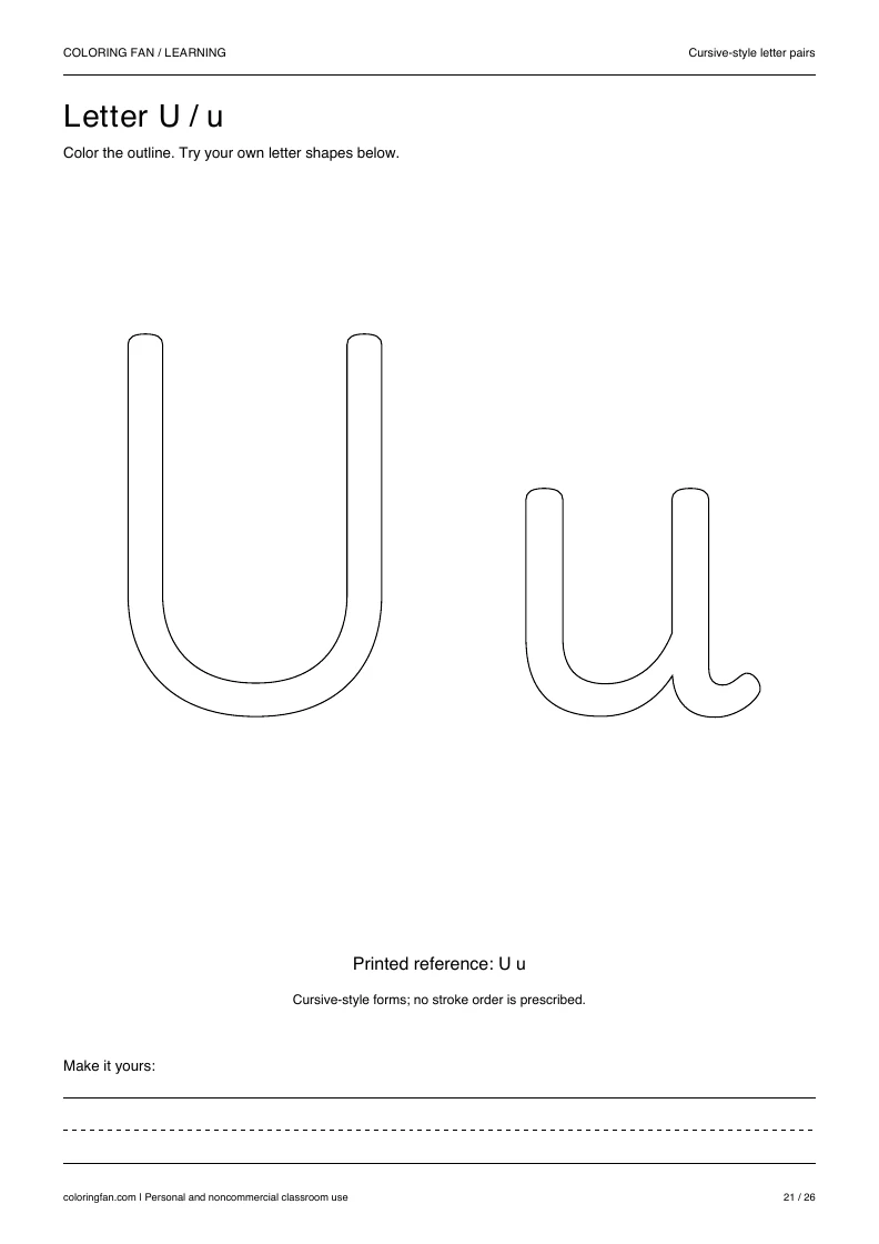 Actual cursive letter U A4 PDF preview: large outlined letter shapes and three writing guides.
