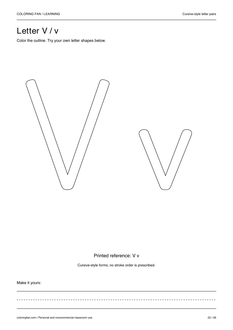 Actual cursive letter V A4 PDF preview: large outlined letter shapes and three writing guides.