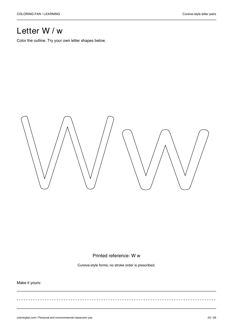 Actual cursive letter W A4 PDF preview: large outlined letter shapes and three writing guides.