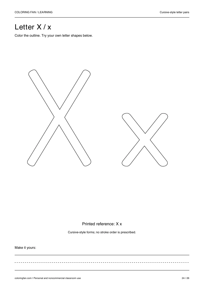 Actual cursive letter X A4 PDF preview: large outlined letter shapes and three writing guides.
