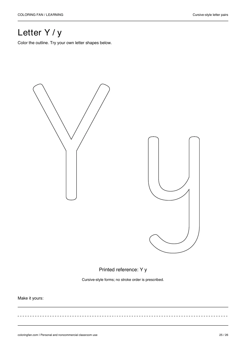 Actual cursive letter Y A4 PDF preview: large outlined letter shapes and three writing guides.