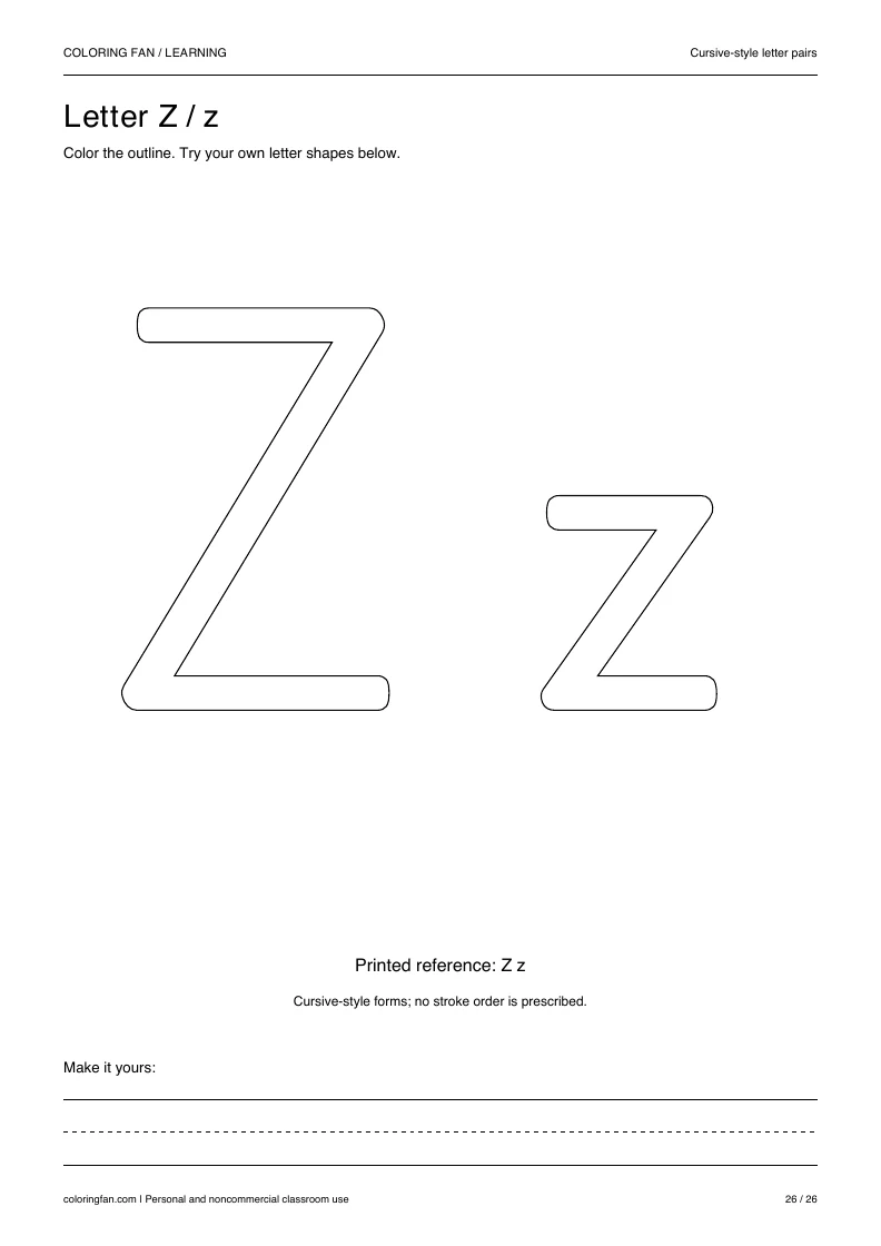 Actual cursive letter Z A4 PDF preview: large outlined letter shapes and three writing guides.