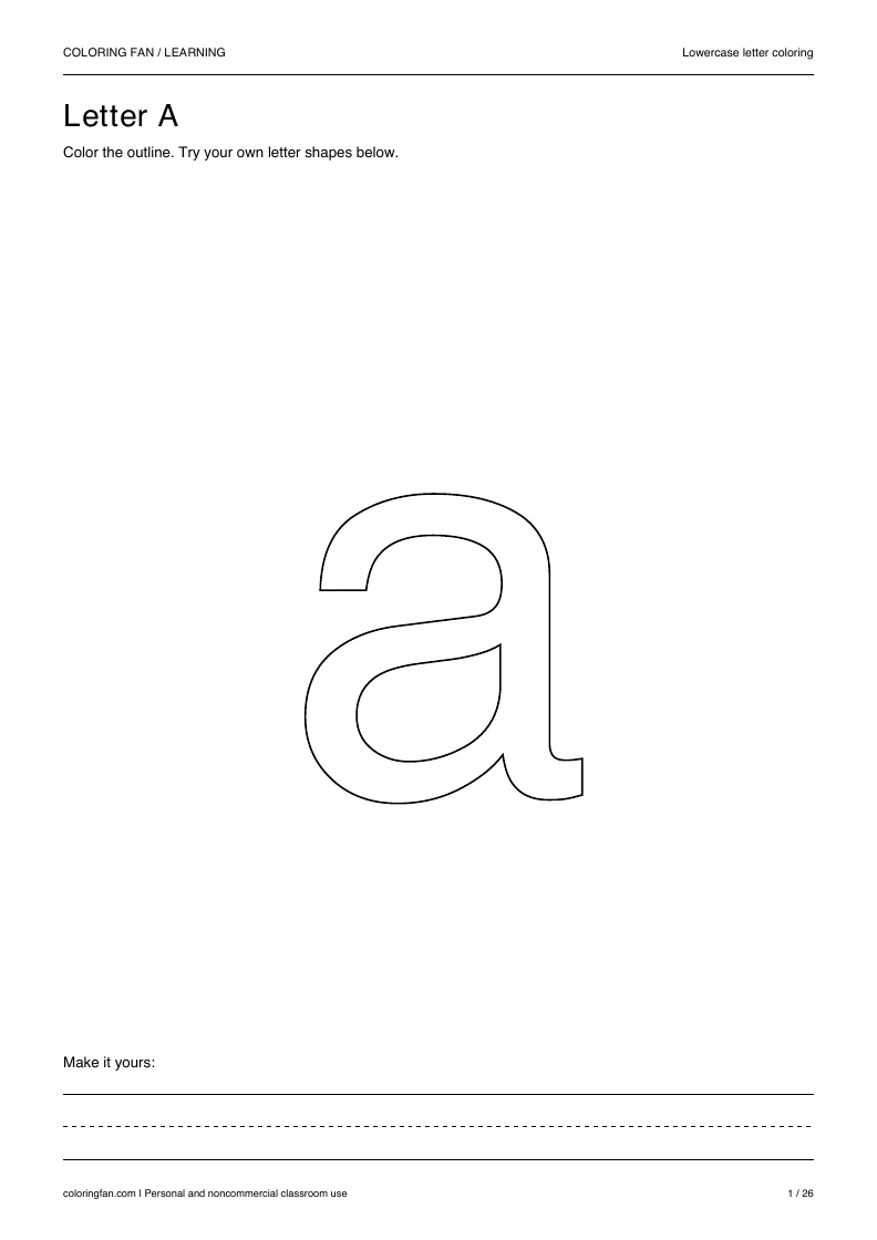 Actual lowercase letter A A4 PDF preview: large outlined letter shapes and three writing guides.