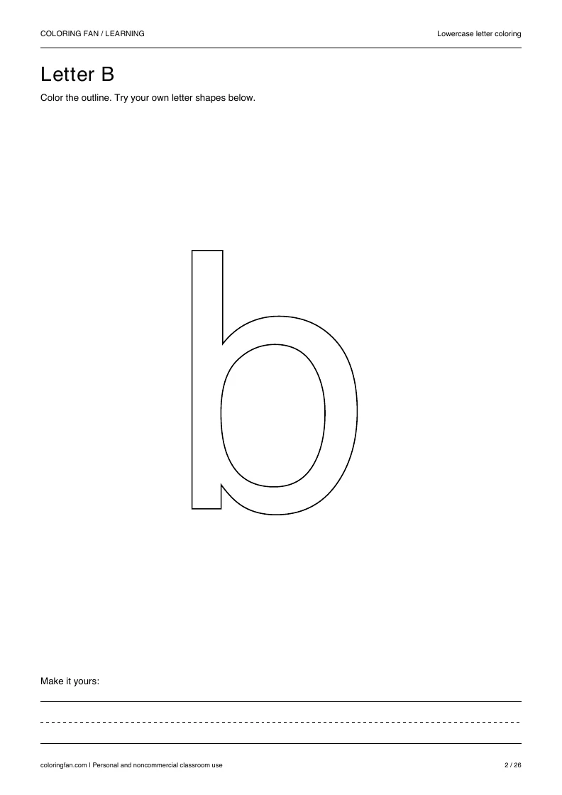Actual lowercase letter B A4 PDF preview: large outlined letter shapes and three writing guides.