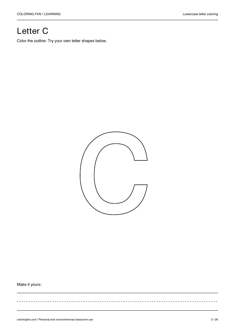 Actual lowercase letter C A4 PDF preview: large outlined letter shapes and three writing guides.