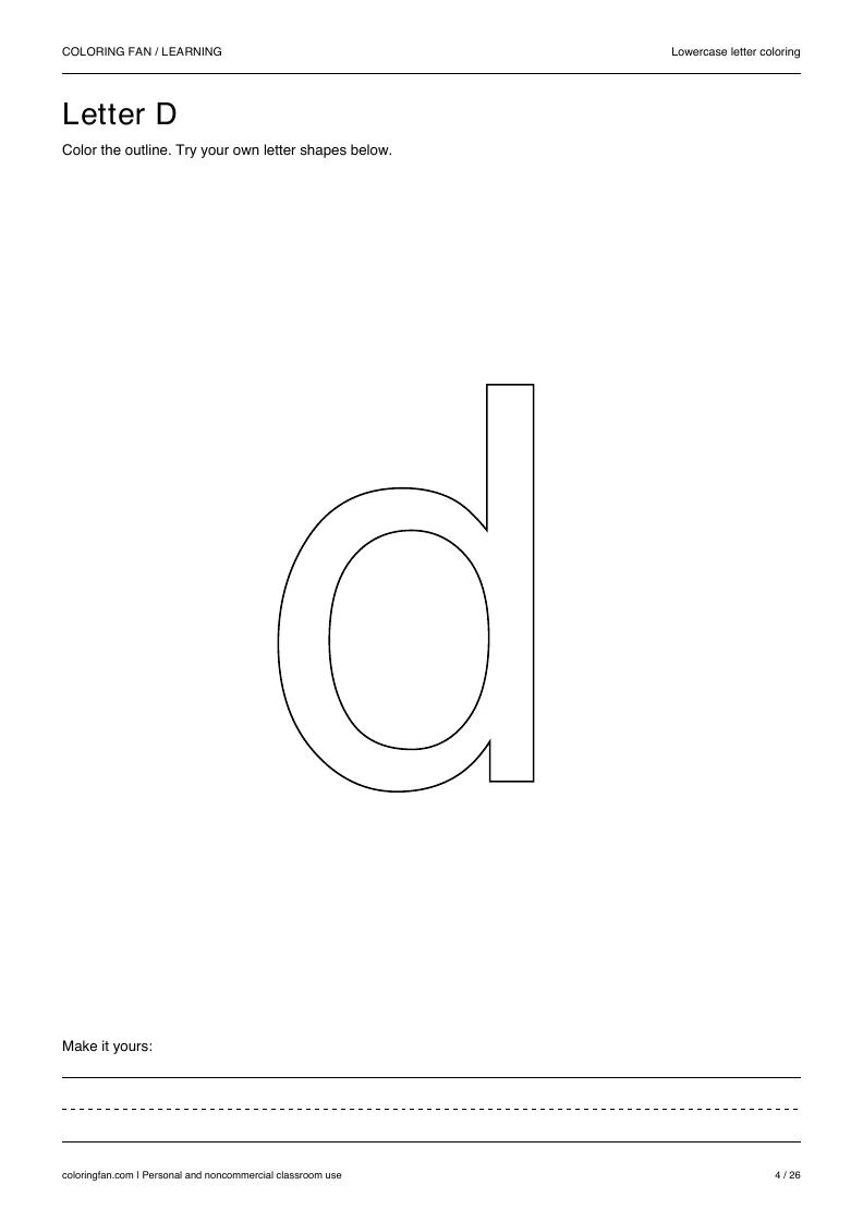 Actual lowercase letter D A4 PDF preview: large outlined letter shapes and three writing guides.