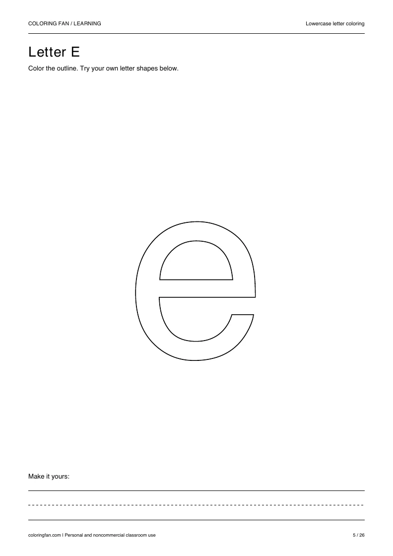 Actual lowercase letter E A4 PDF preview: large outlined letter shapes and three writing guides.