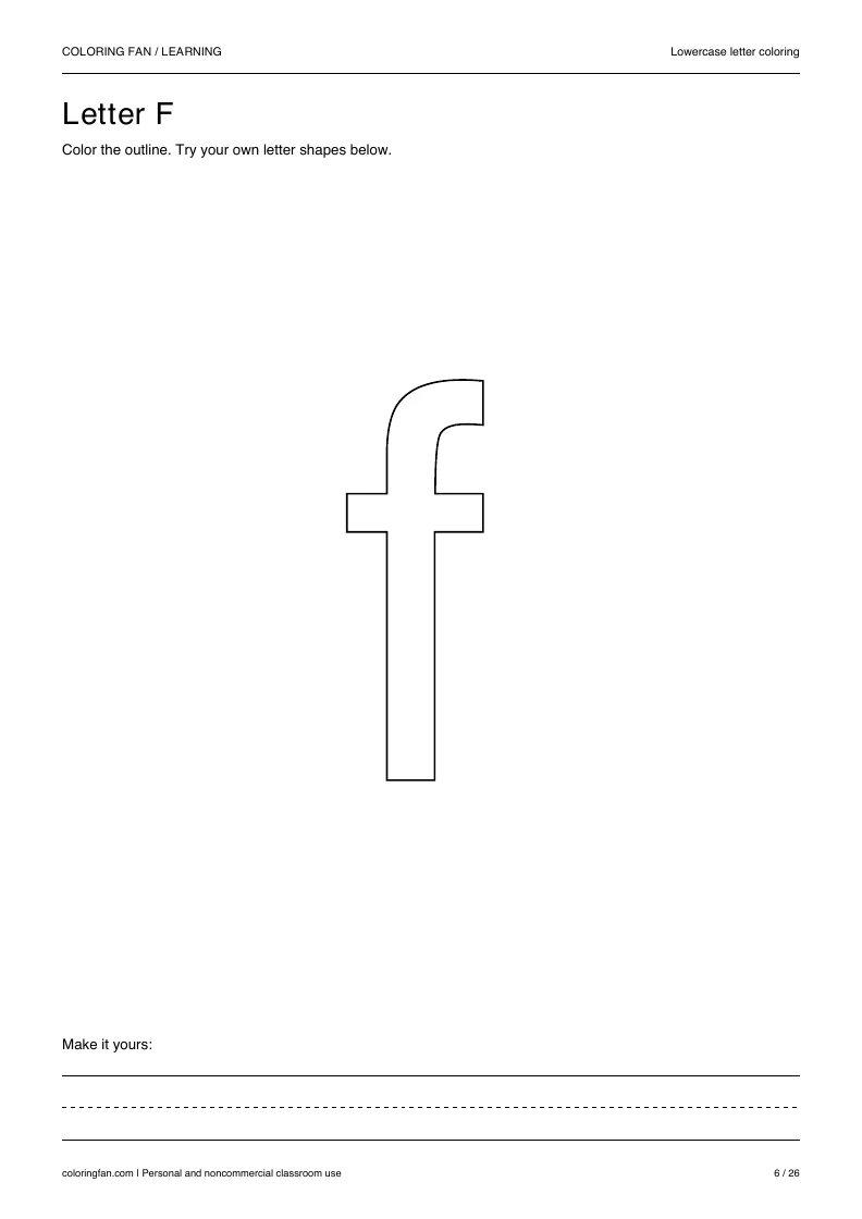 Actual lowercase letter F A4 PDF preview: large outlined letter shapes and three writing guides.