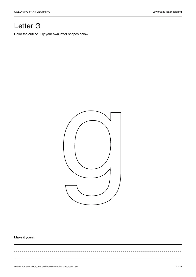 Actual lowercase letter G A4 PDF preview: large outlined letter shapes and three writing guides.