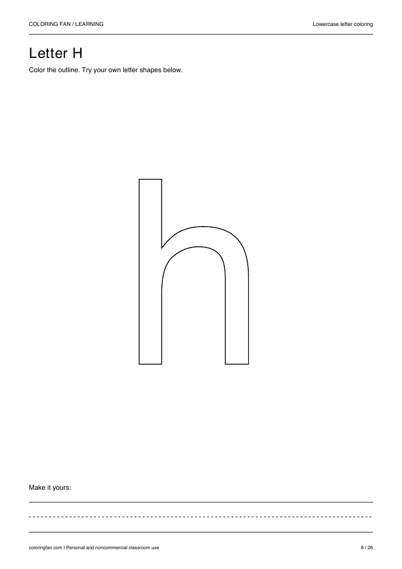 Actual lowercase letter H A4 PDF preview: large outlined letter shapes and three writing guides.