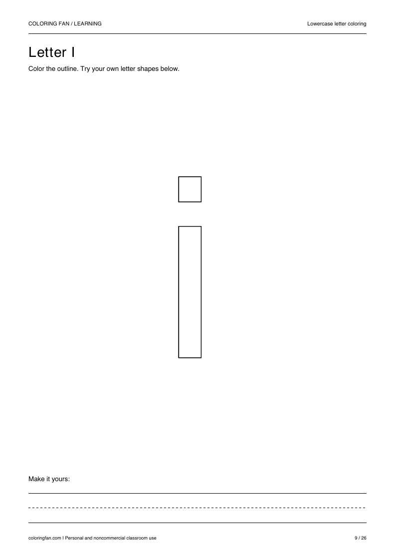 Actual lowercase letter I A4 PDF preview: large outlined letter shapes and three writing guides.