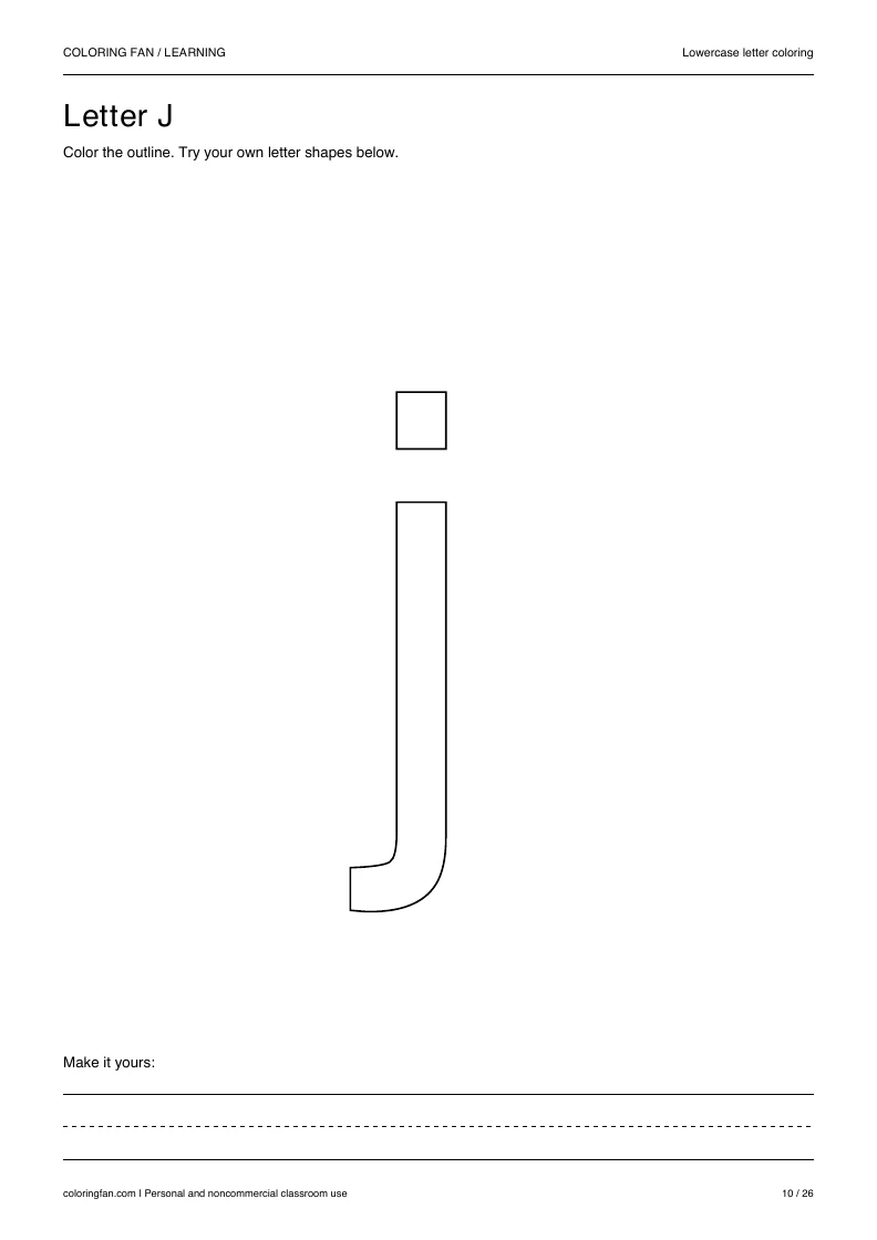 Actual lowercase letter J A4 PDF preview: large outlined letter shapes and three writing guides.