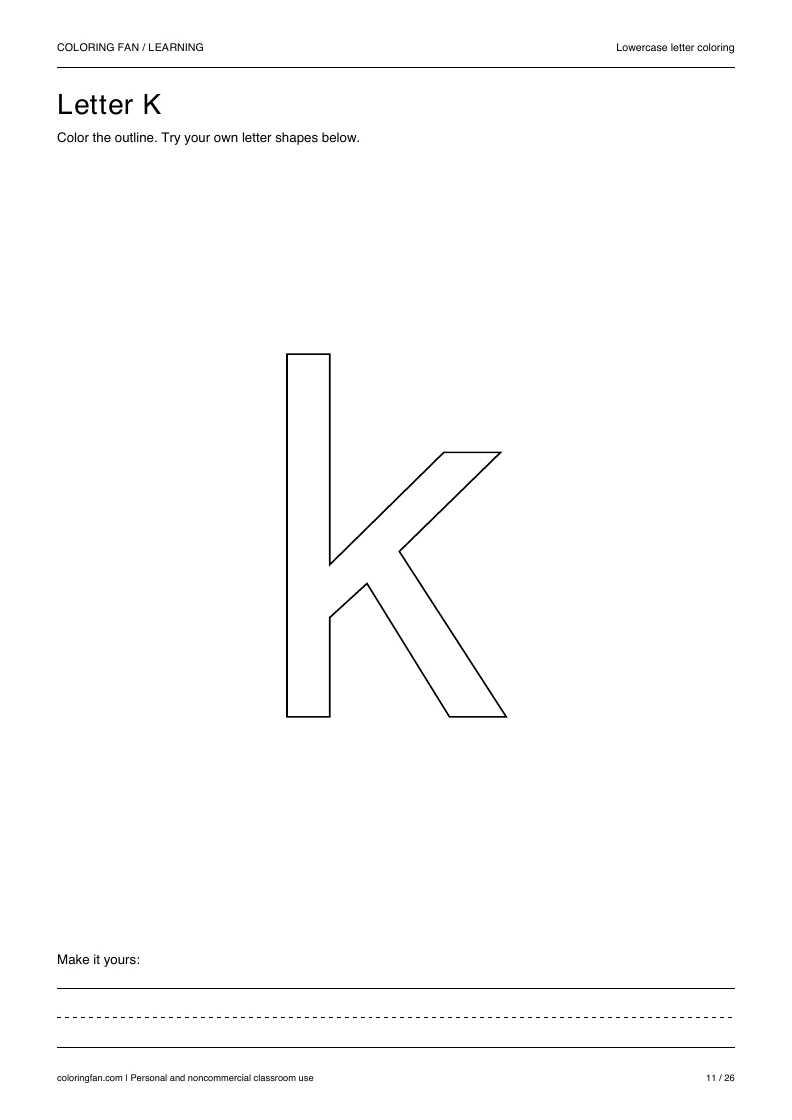 Actual lowercase letter K A4 PDF preview: large outlined letter shapes and three writing guides.