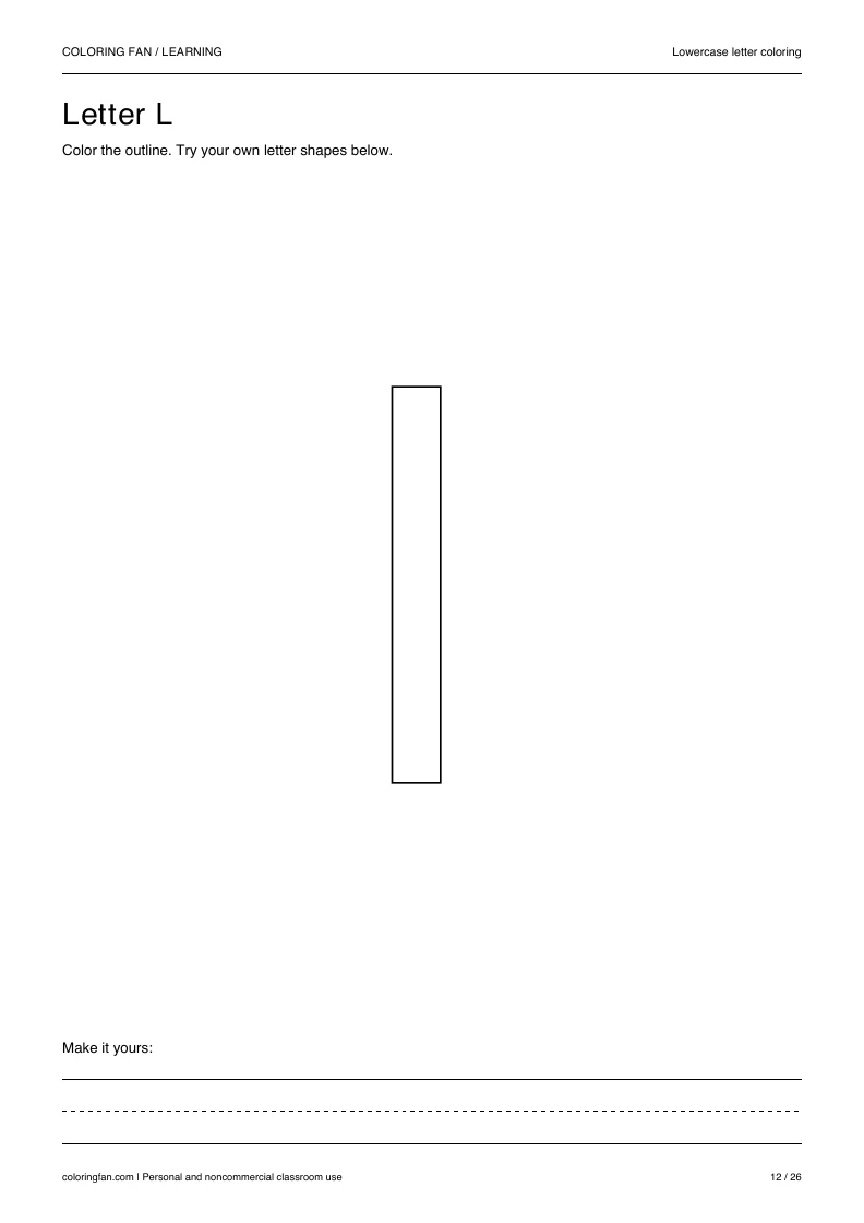 Actual lowercase letter L A4 PDF preview: large outlined letter shapes and three writing guides.