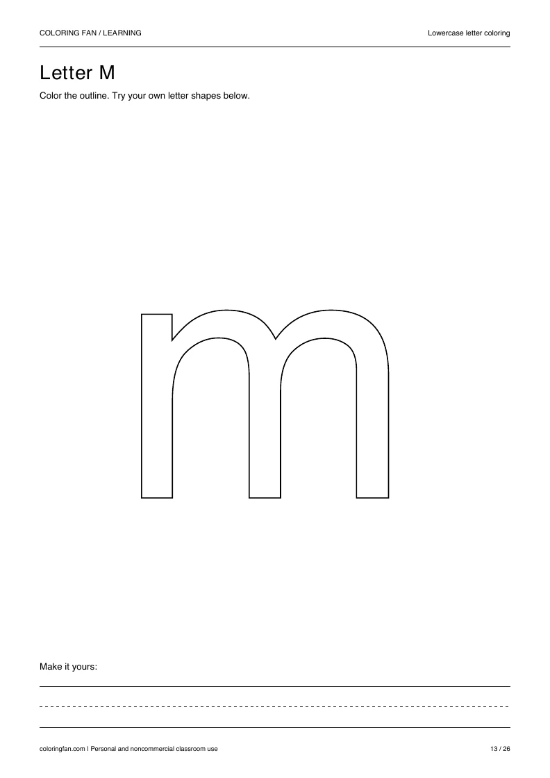 Actual lowercase letter M A4 PDF preview: large outlined letter shapes and three writing guides.