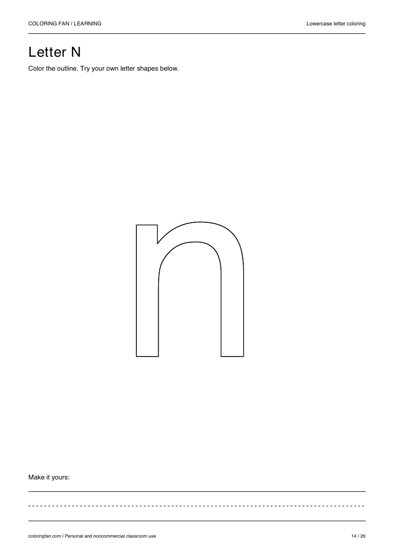 Actual lowercase letter N A4 PDF preview: large outlined letter shapes and three writing guides.