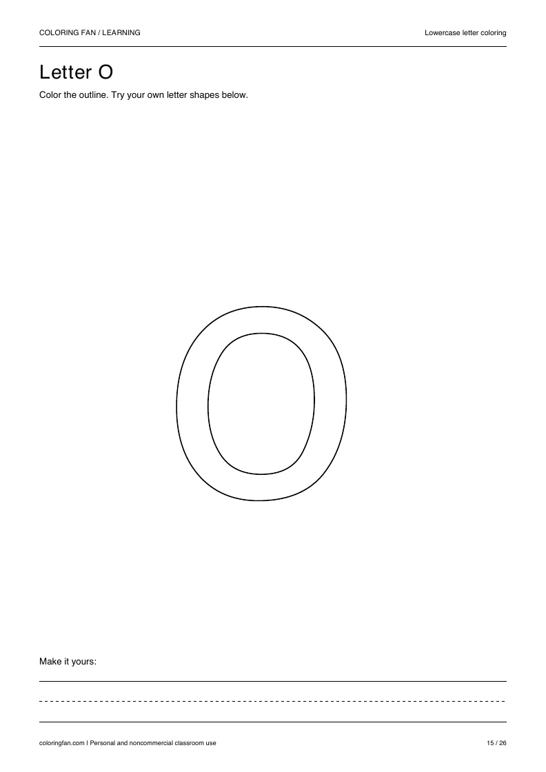 Actual lowercase letter O A4 PDF preview: large outlined letter shapes and three writing guides.