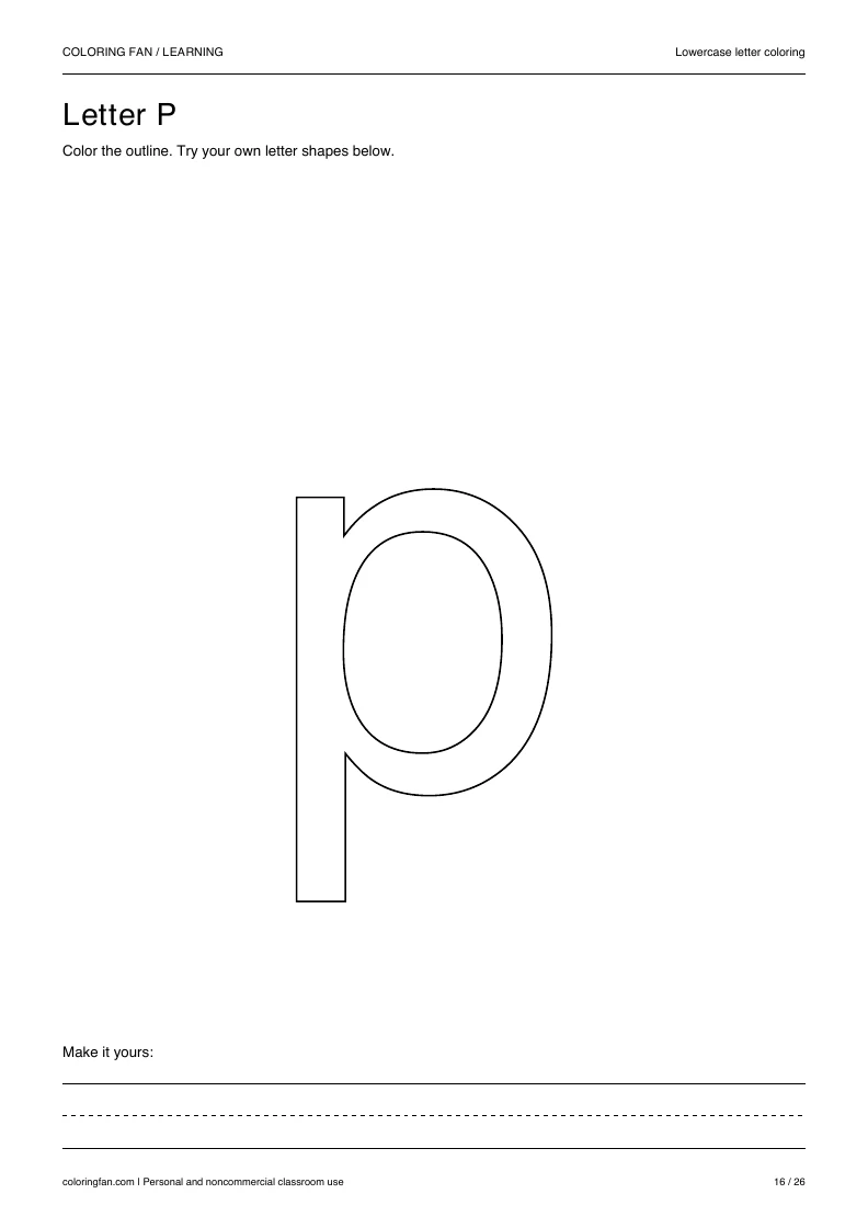 Actual lowercase letter P A4 PDF preview: large outlined letter shapes and three writing guides.