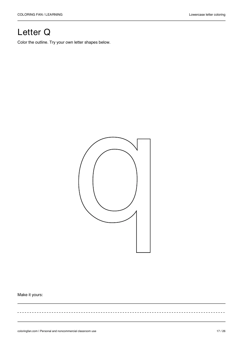 Actual lowercase letter Q A4 PDF preview: large outlined letter shapes and three writing guides.