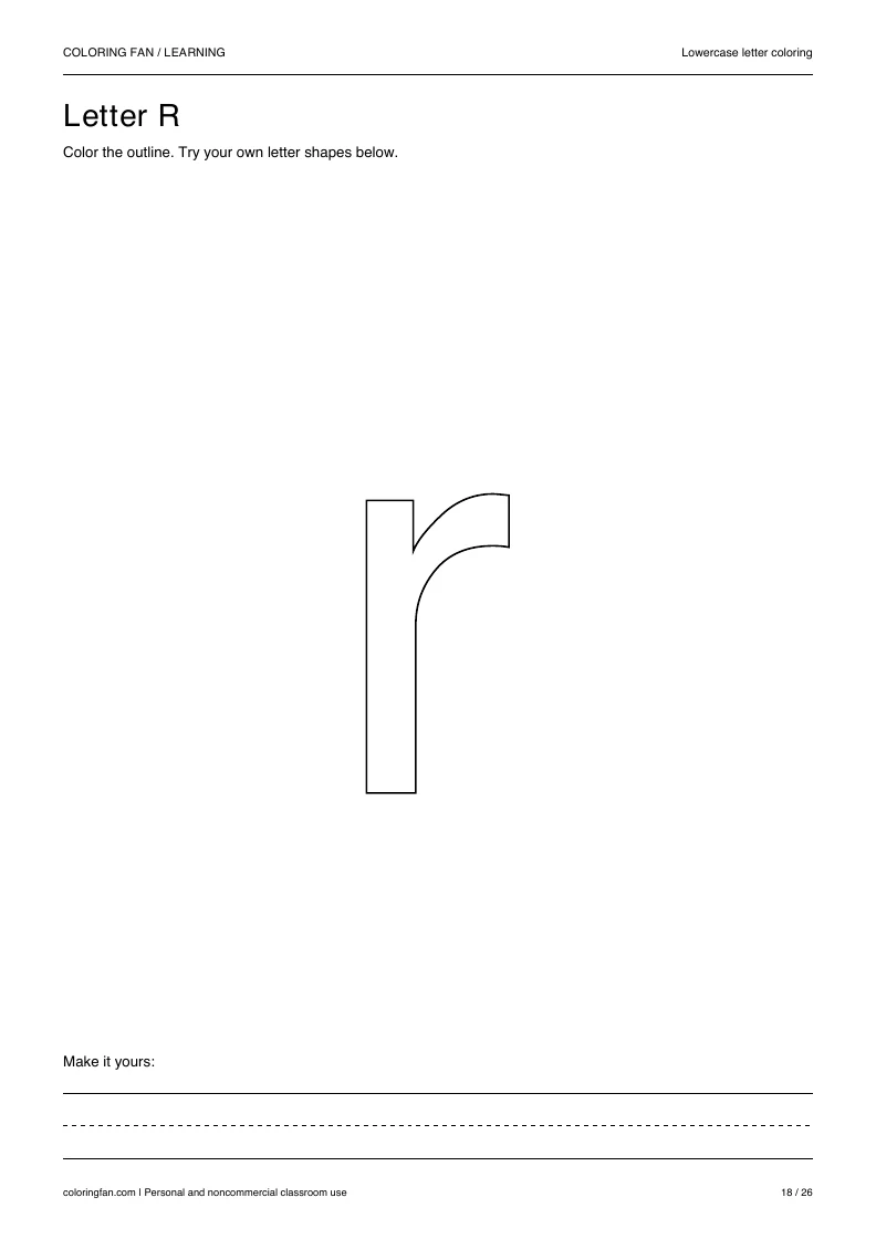 Actual lowercase letter R A4 PDF preview: large outlined letter shapes and three writing guides.