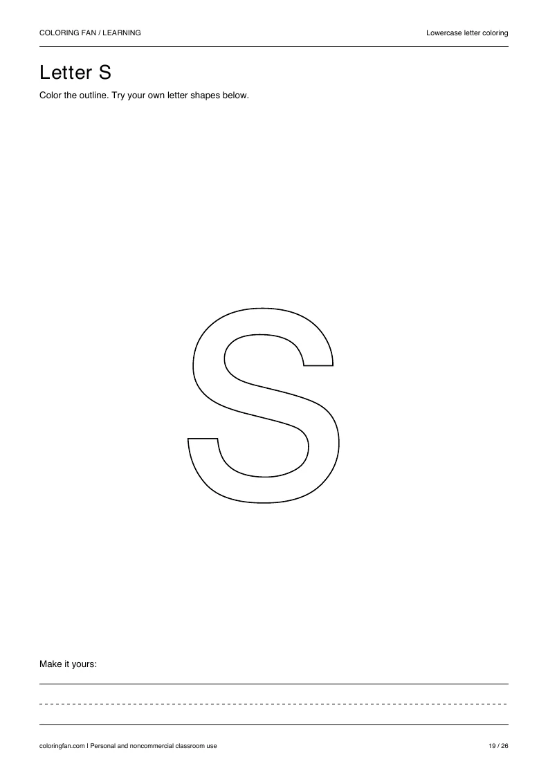 Actual lowercase letter S A4 PDF preview: large outlined letter shapes and three writing guides.