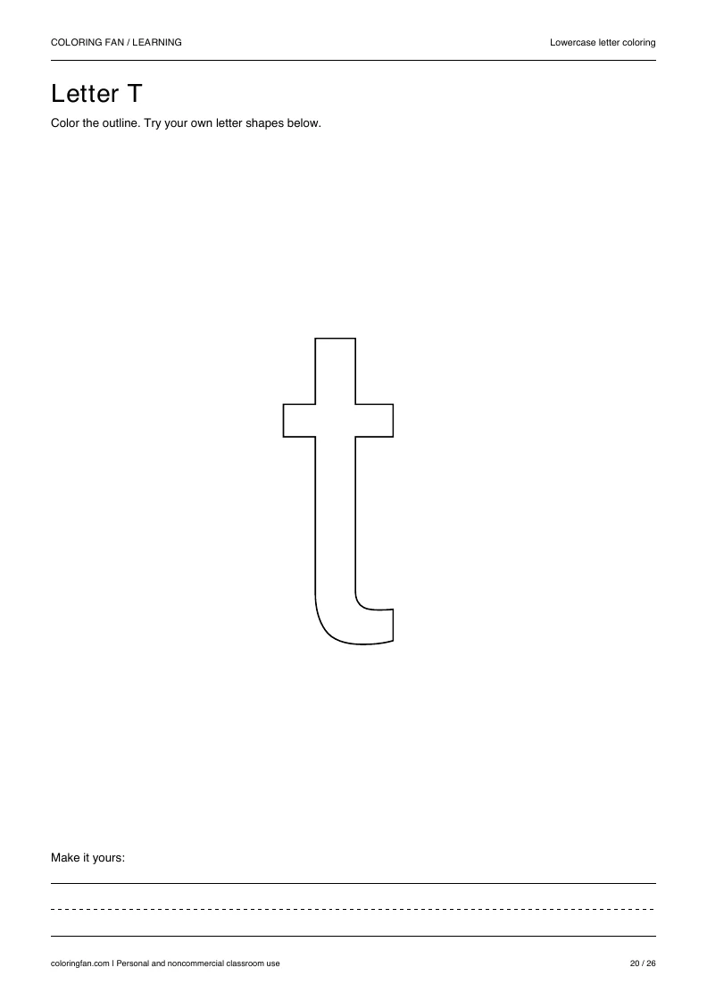 Actual lowercase letter T A4 PDF preview: large outlined letter shapes and three writing guides.