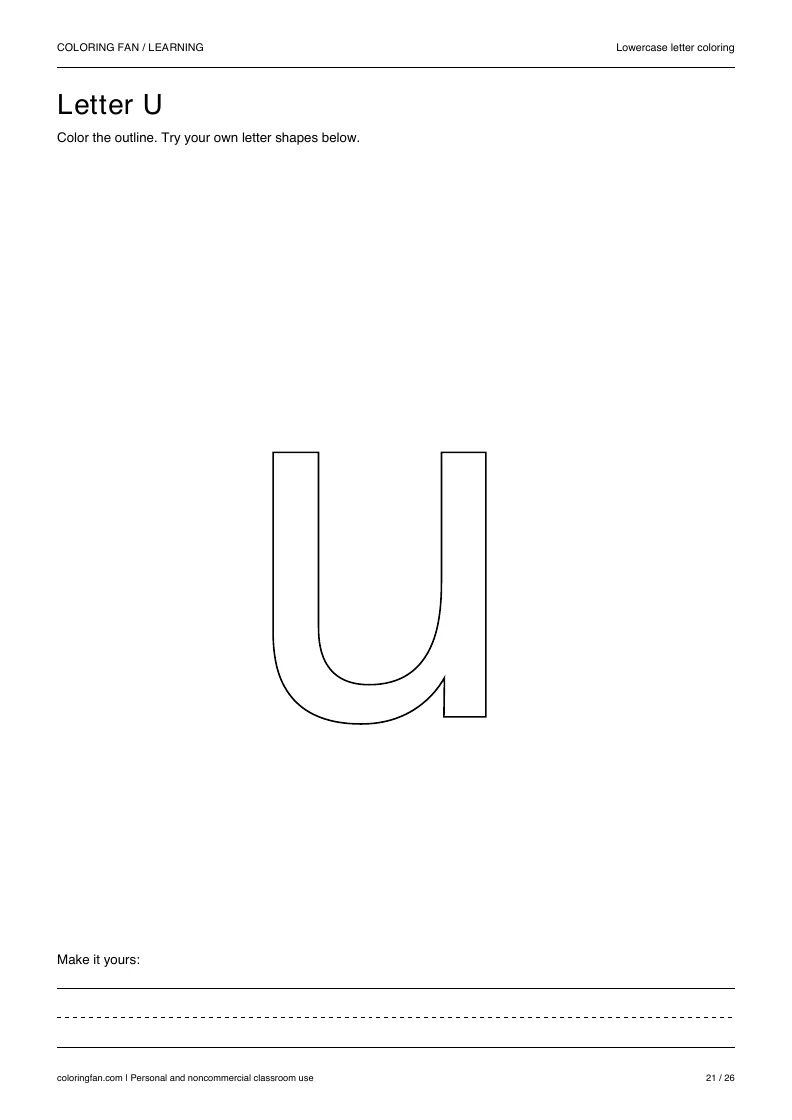 Actual lowercase letter U A4 PDF preview: large outlined letter shapes and three writing guides.