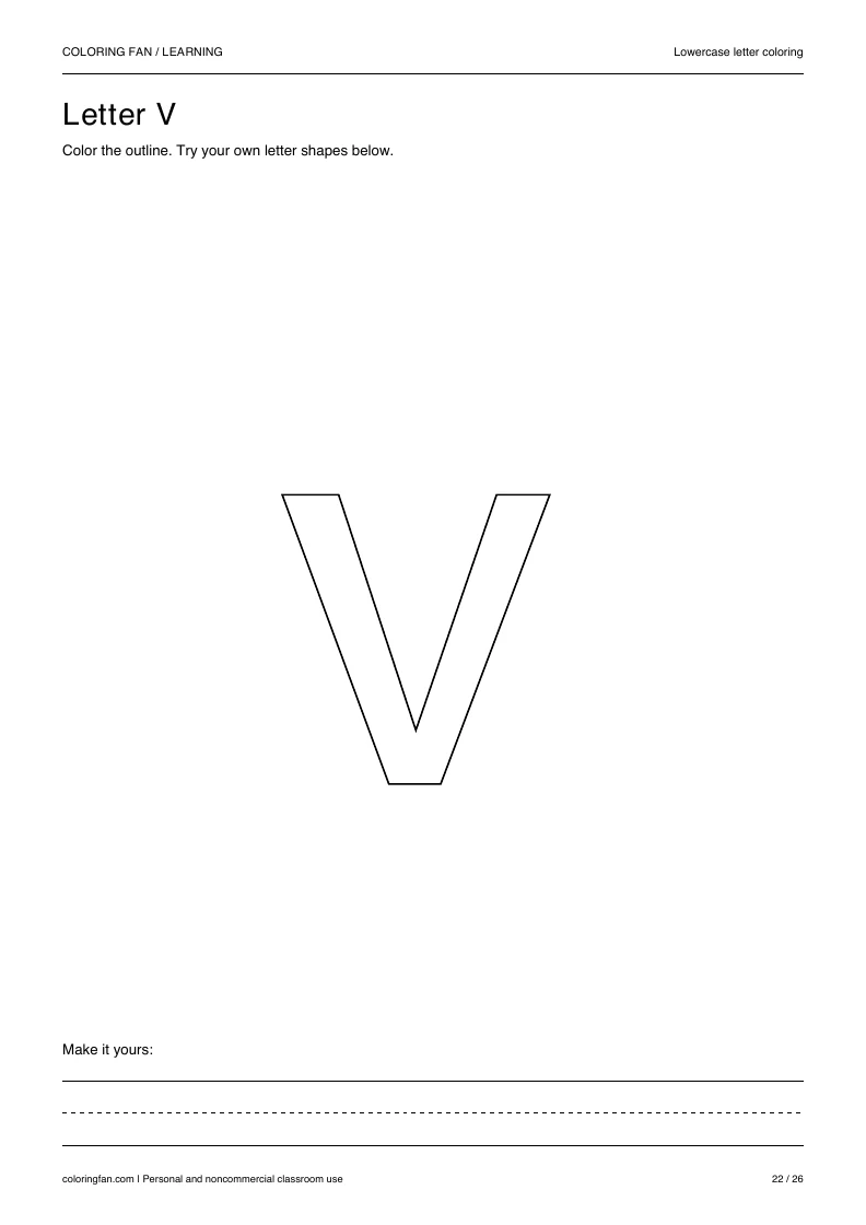 Actual lowercase letter V A4 PDF preview: large outlined letter shapes and three writing guides.