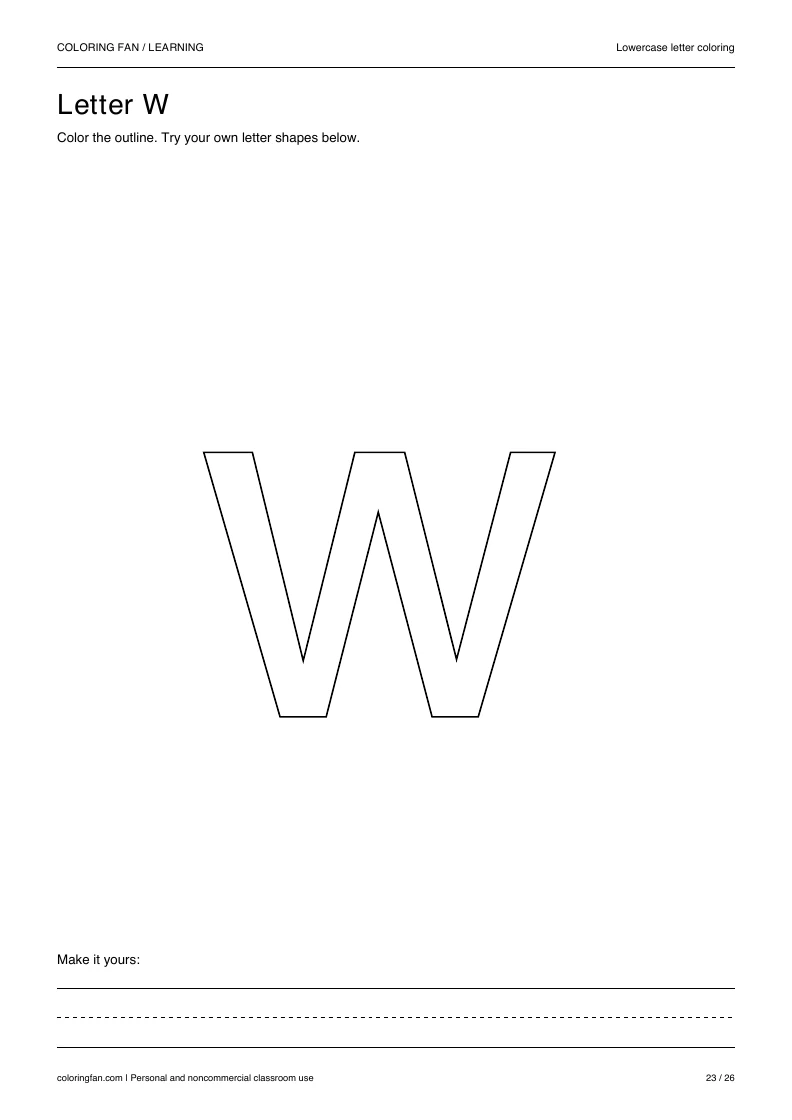 Actual lowercase letter W A4 PDF preview: large outlined letter shapes and three writing guides.