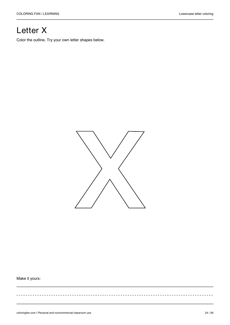 Actual lowercase letter X A4 PDF preview: large outlined letter shapes and three writing guides.