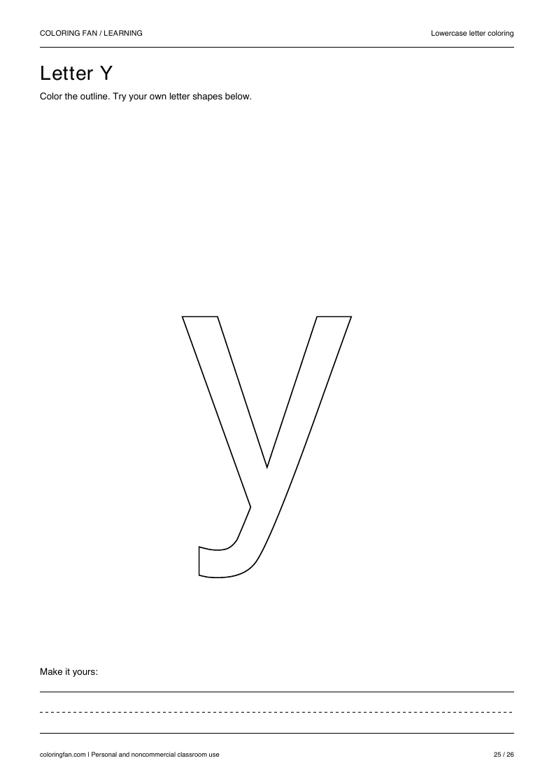 Actual lowercase letter Y A4 PDF preview: large outlined letter shapes and three writing guides.