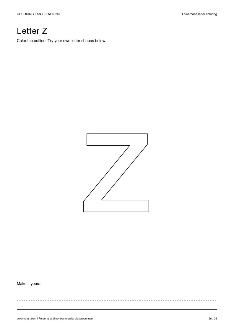 Actual lowercase letter Z A4 PDF preview: large outlined letter shapes and three writing guides.
