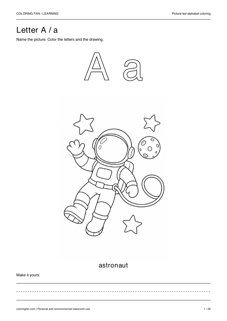 Actual pictures letter A A4 PDF preview: uppercase and lowercase outlines with a astronaut picture and writing space.