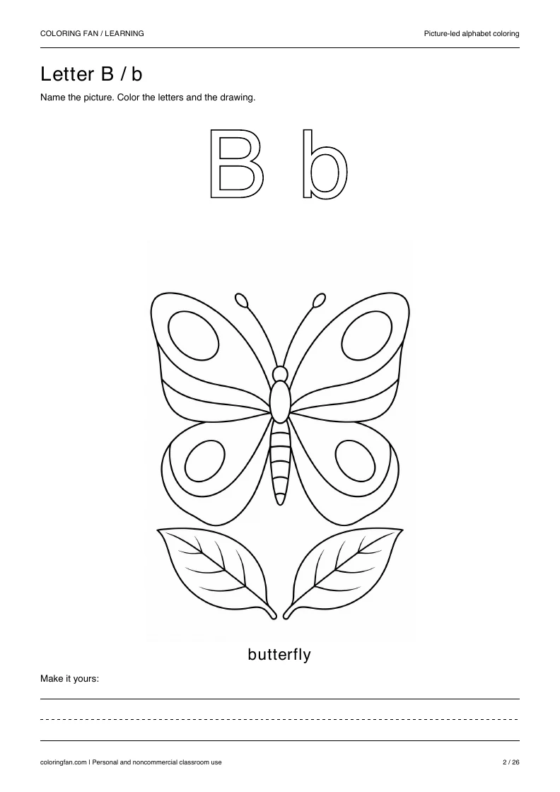 Actual pictures letter B A4 PDF preview: uppercase and lowercase outlines with a butterfly picture and writing space.