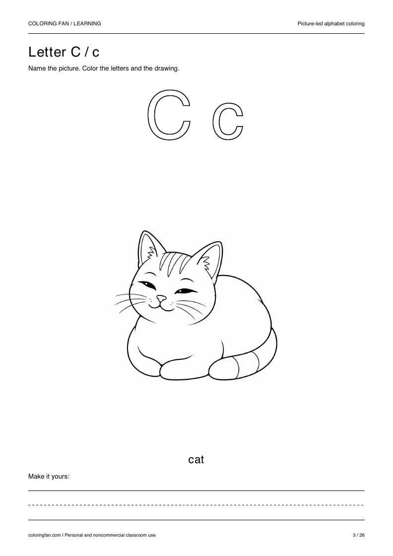 Actual pictures letter C A4 PDF preview: uppercase and lowercase outlines with a cat picture and writing space.
