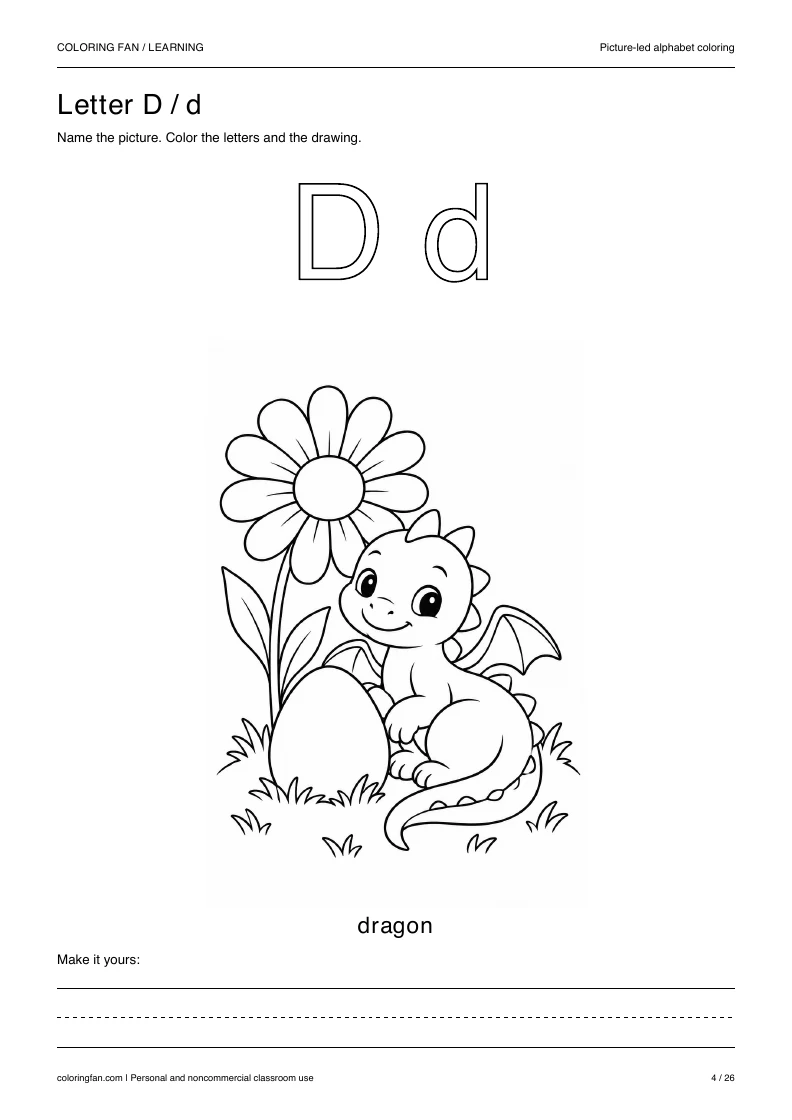 Actual pictures letter D A4 PDF preview: uppercase and lowercase outlines with a dragon picture and writing space.