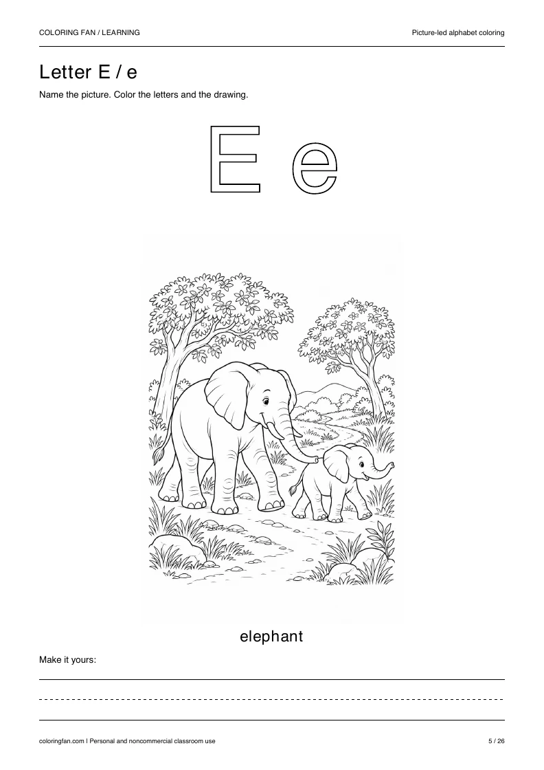 Actual pictures letter E A4 PDF preview: uppercase and lowercase outlines with a elephant picture and writing space.