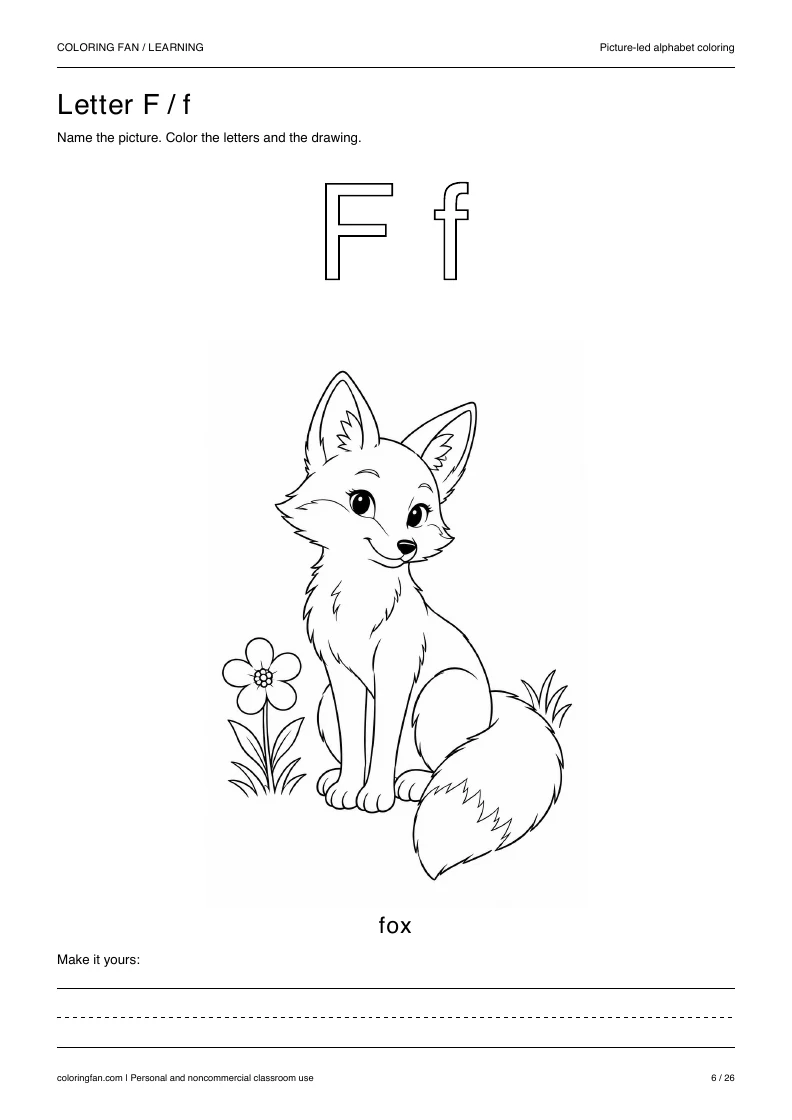 Actual pictures letter F A4 PDF preview: uppercase and lowercase outlines with a fox picture and writing space.