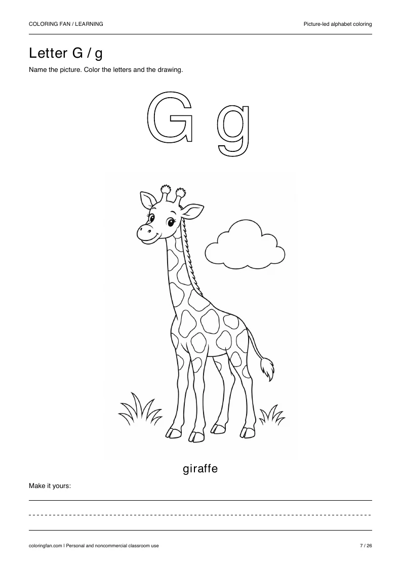Actual pictures letter G A4 PDF preview: uppercase and lowercase outlines with a giraffe picture and writing space.